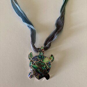 Sterling Silver Abalone Sea Turtle on Silk Ribbon Necklace